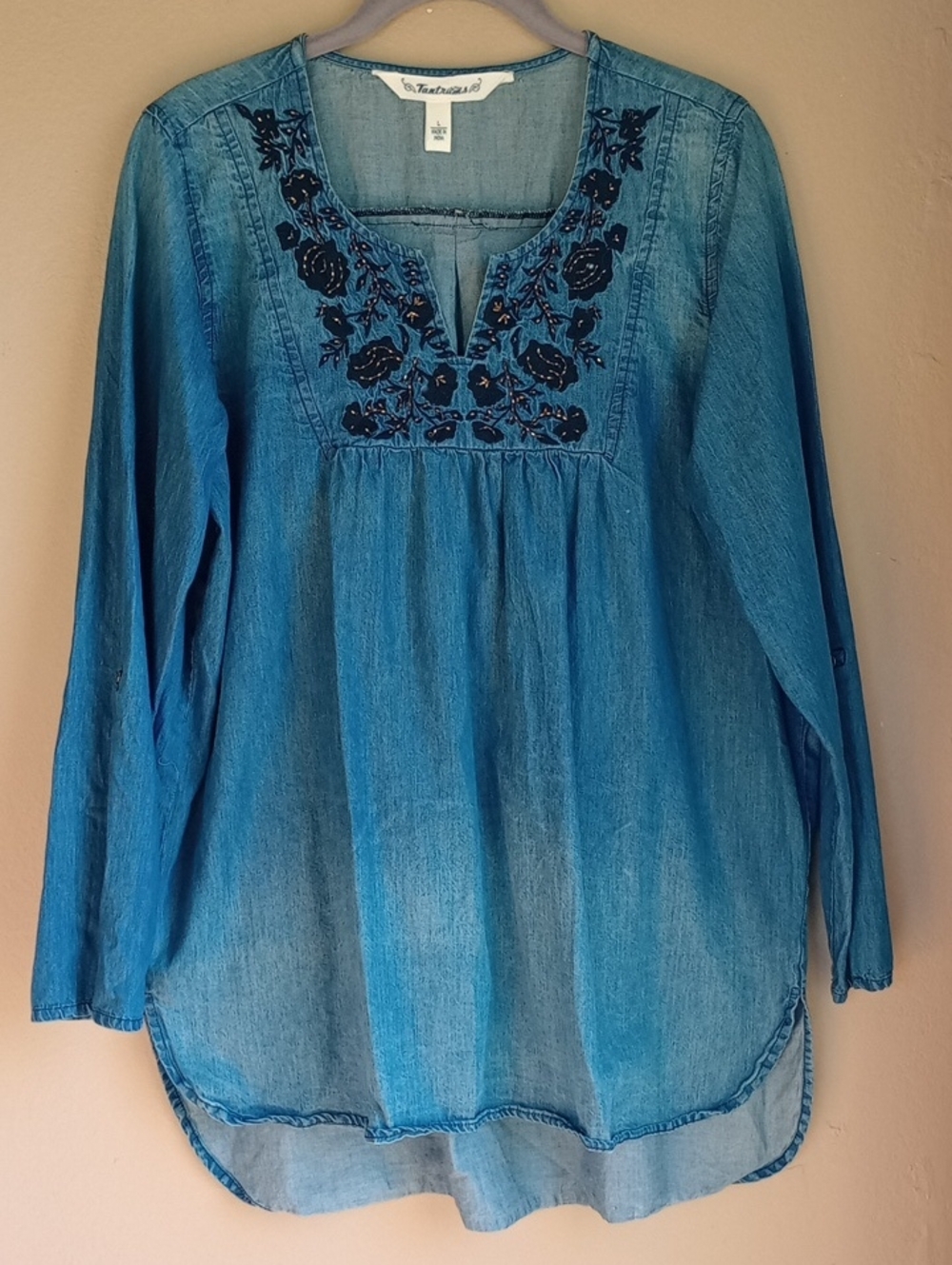 Tartrums Embroidery Chambray Pull Over Long Sleeve Long Line Boho Western Top